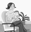 Dessin d'une femme tenant un bébé dans ses bras, assise sur une chaise.