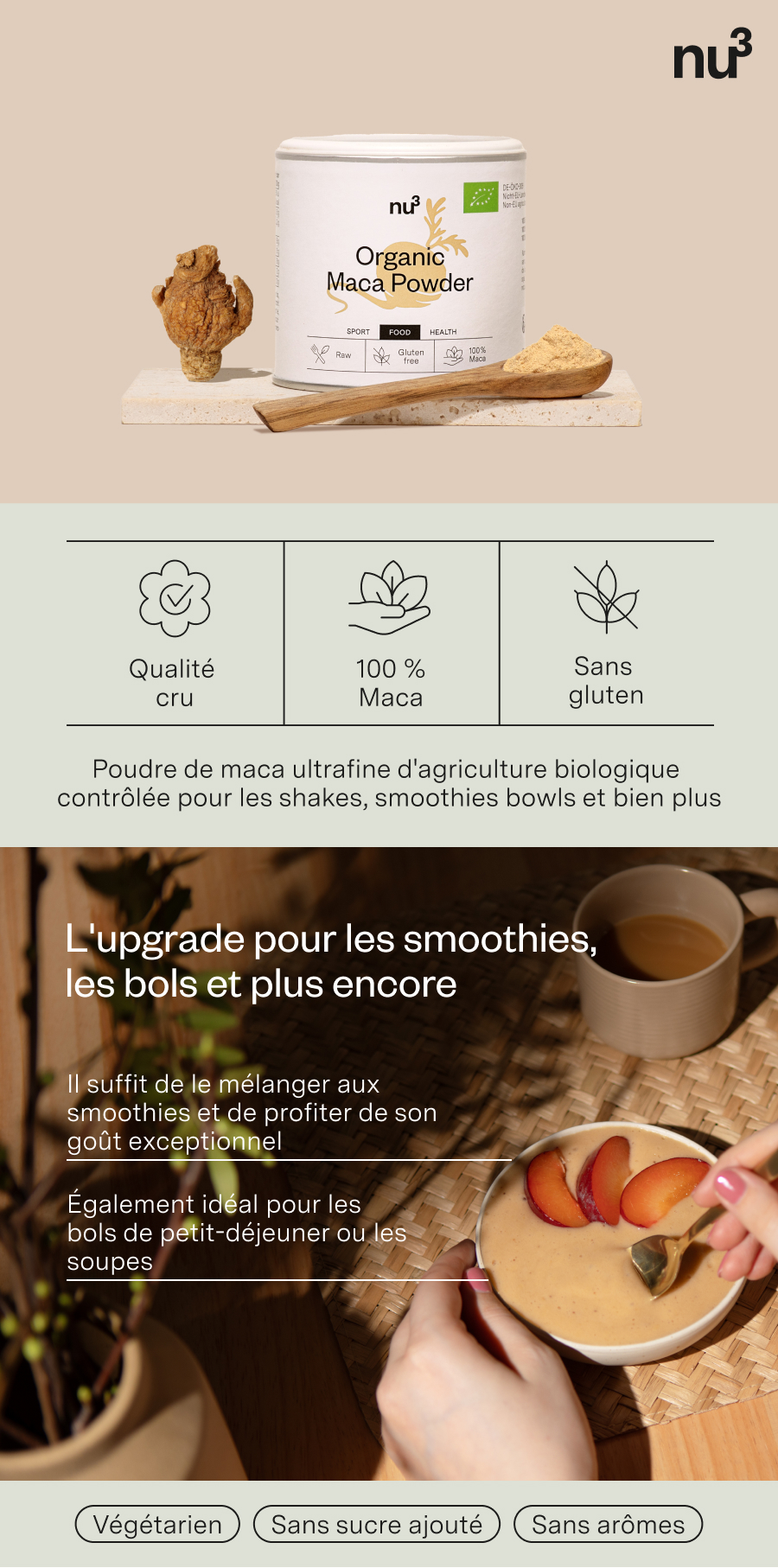 Boîte de nu3 Organic Maca Powder. Inscription: Organic Maca Powder, Sport, Food, Health. Texte: Qualité crue, 100% maca, Sans gluten.