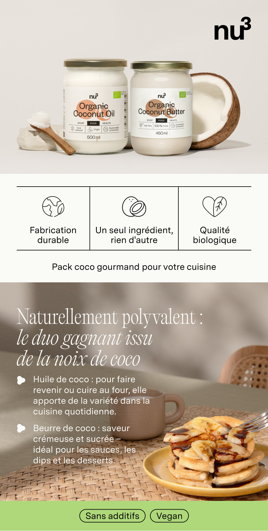 Image publicitaire pour nu3 Kokosöl et Kokosmus. Deux pots, moitié de noix de coco, icônes, texte. Inscription : Organic Coconut Oil, Organic Coconut Butter.