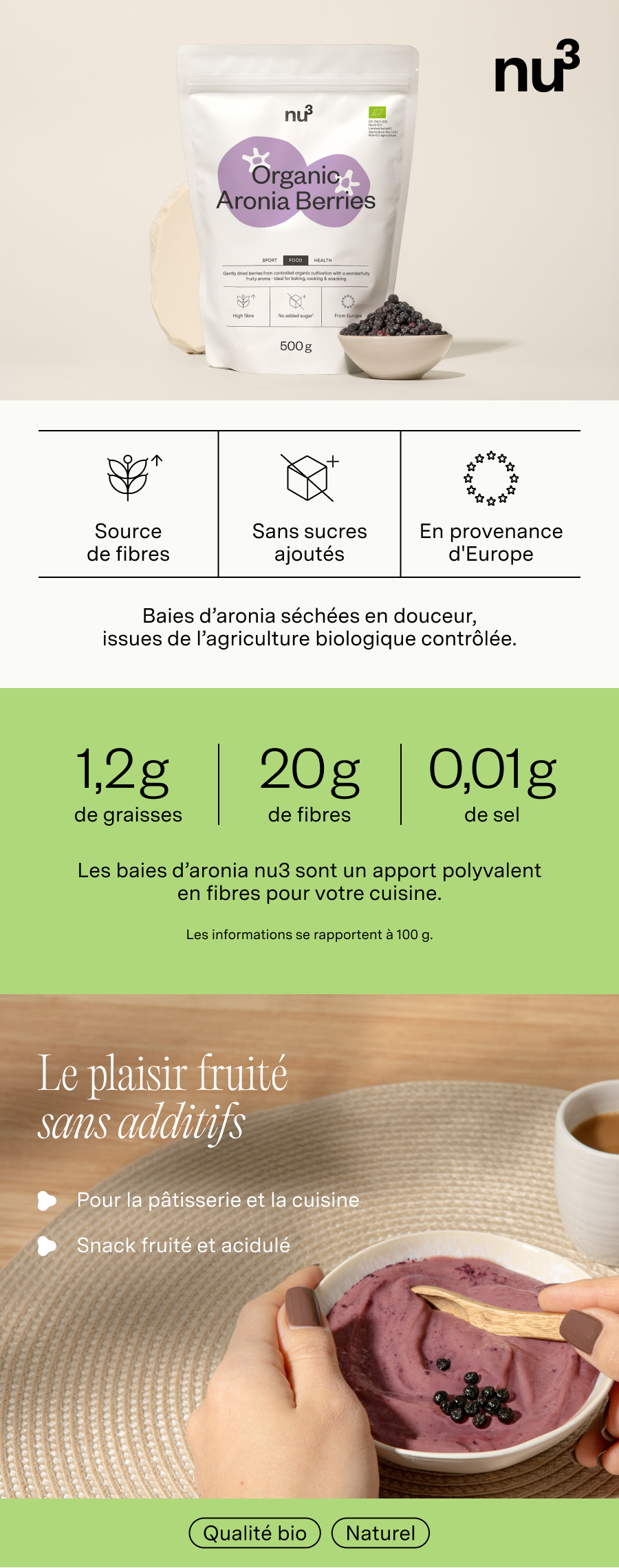 Emballage avec nu3 Organic Aronia Berries. Contient des informations sur les fibres, le sucre, le sel et l'origine. Illustration de baies d'aronia et smoothie.