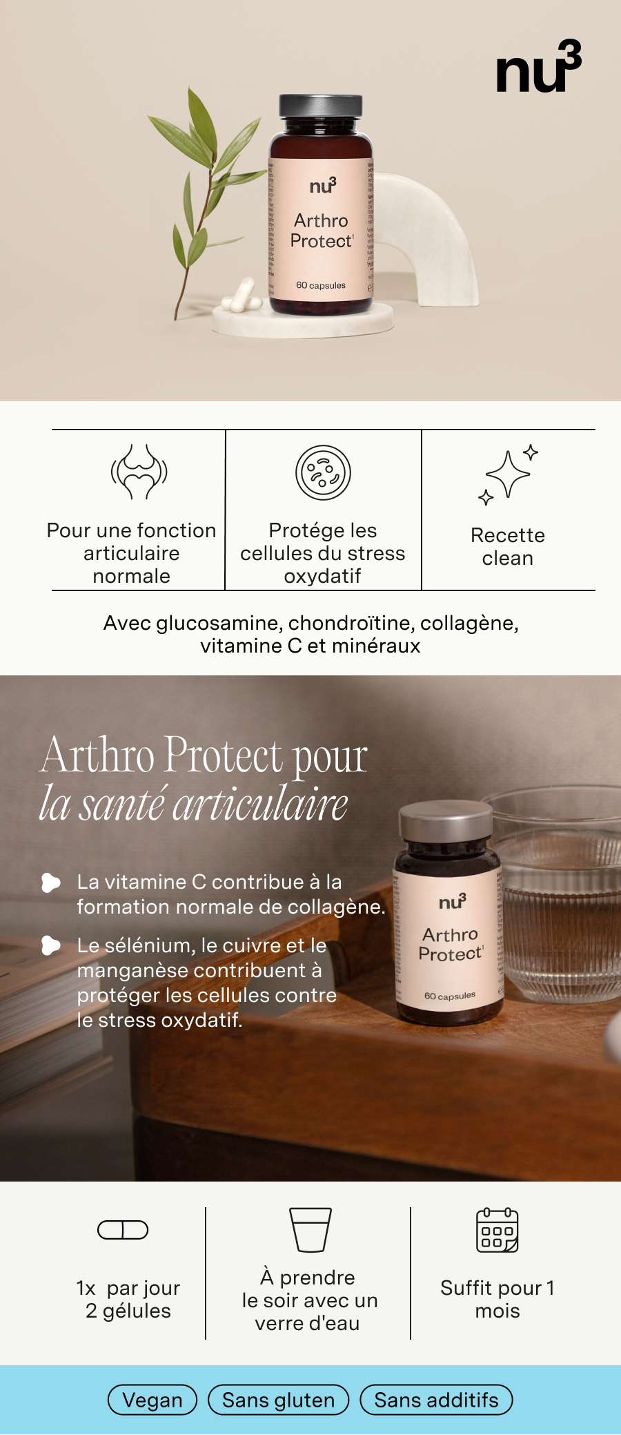 Image du produit avec flacon, verre d'eau et infographies. Texte: Arthro Protect pour la santé articulaire.