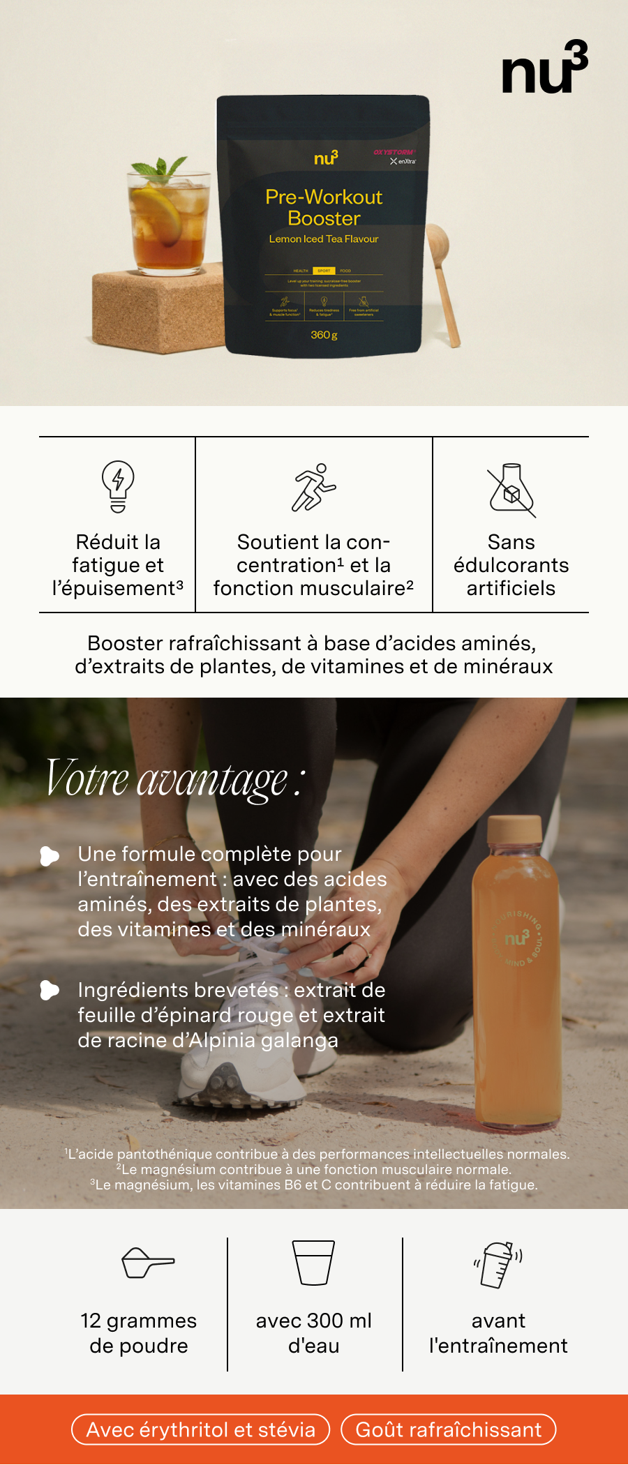 Image produit avec texte et graphiques. Contient un paquet de Pre-Workout Booster, une boisson et d'autres éléments.