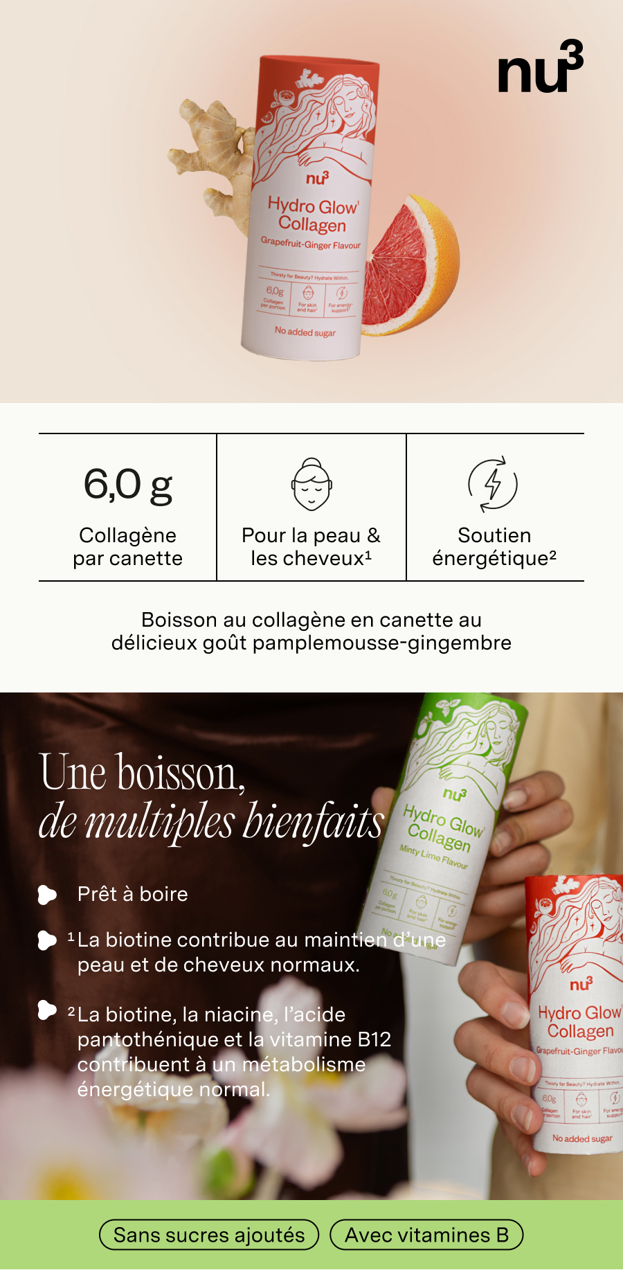 nu3 Hydro Glow Collagen, goût pamplemousse-gingembre. Image produit avec ingrédients et illustrations.