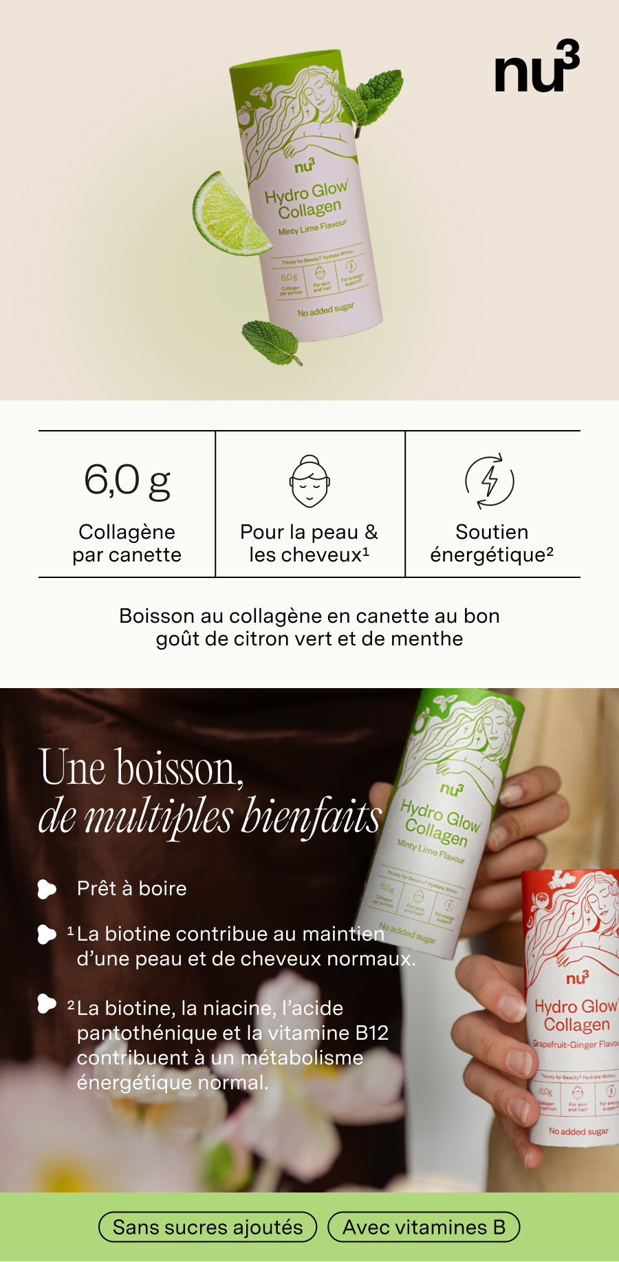 Visuel publicitaire avec nu3 Hydro Glow Collagen. Boîte, citron, menthe. Texte: Une boisson, de multiples bienfaits.