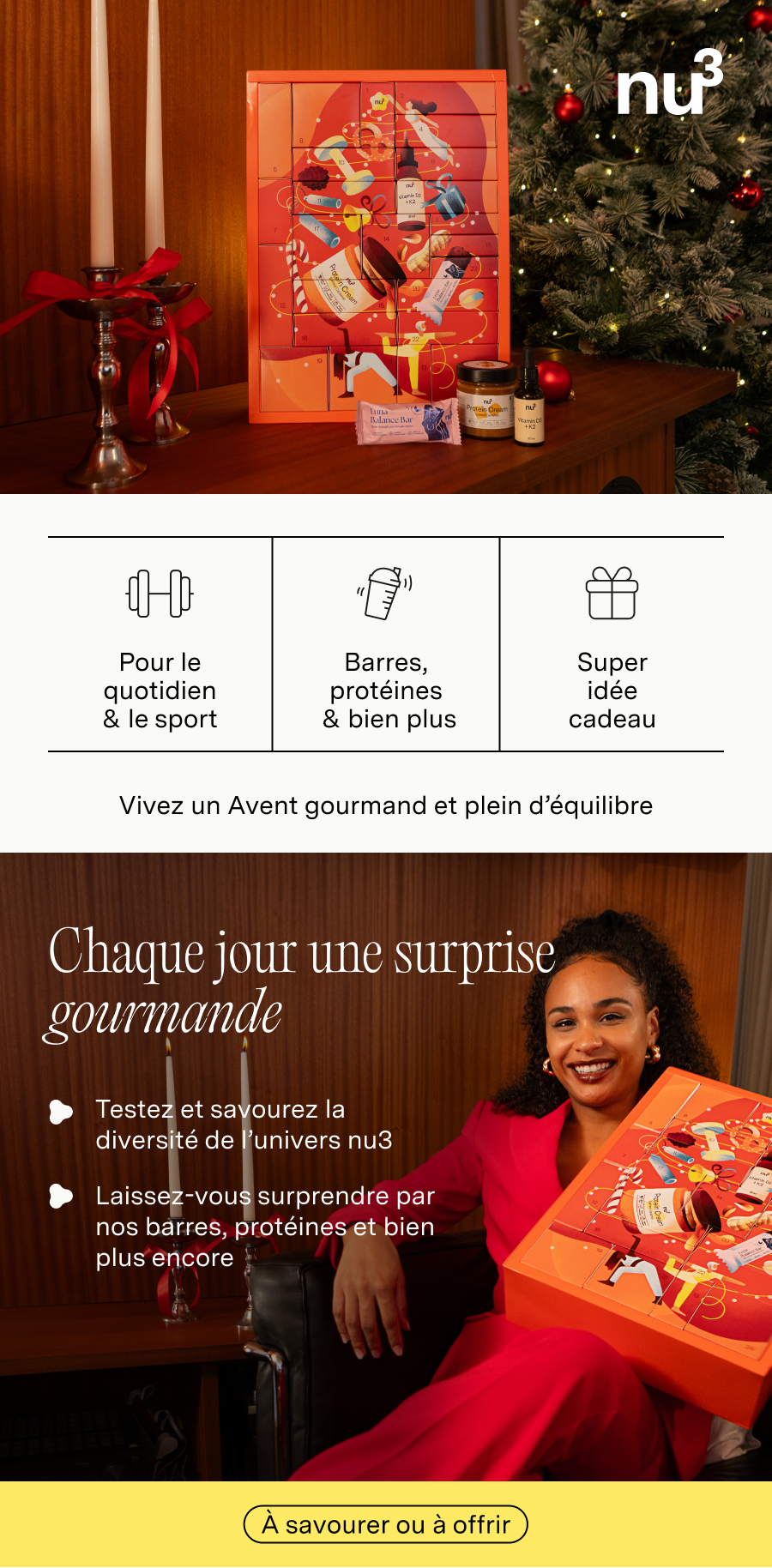 Calendrier de l'Avent avec produits et illustrations. Texte : Chaque jour une surprise gourmande. À savourer ou à offrir.