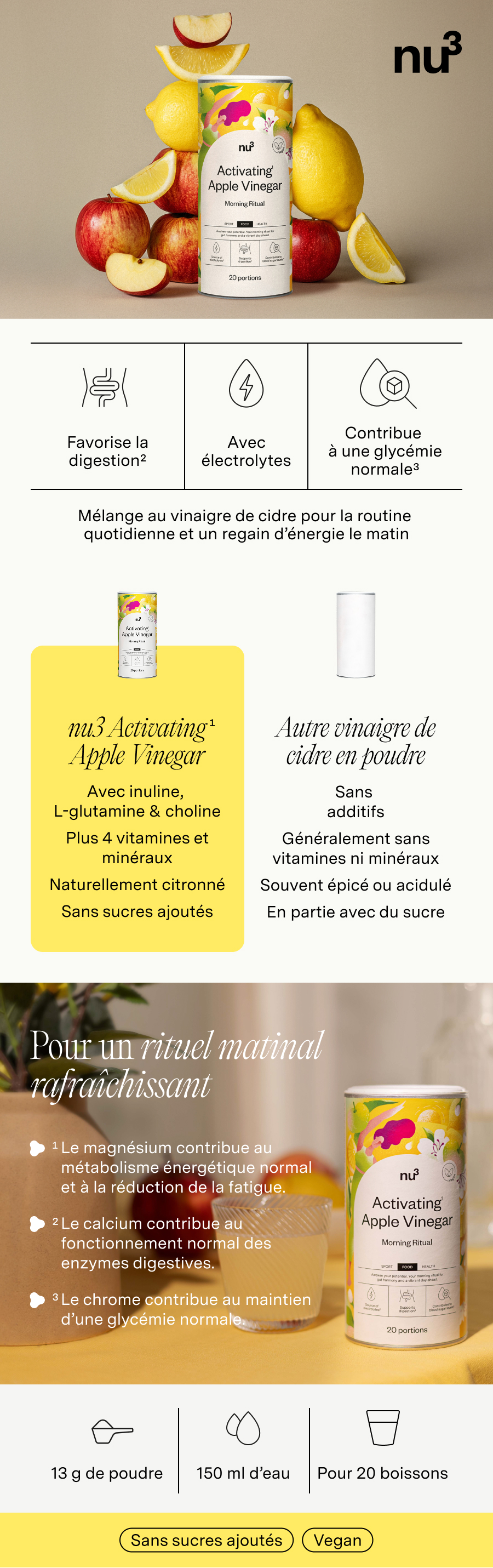 Infographie : nu3 Activating Apple Vinegar. Image du produit, ingrédients, avantages, préparation.
