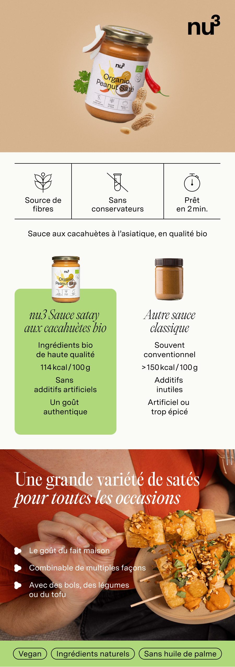 Bannière publicitaire avec nu3 Sauce satay aux cacahuètes bio. Image du produit, informations nutritionnelles, avantages et idées de préparation.