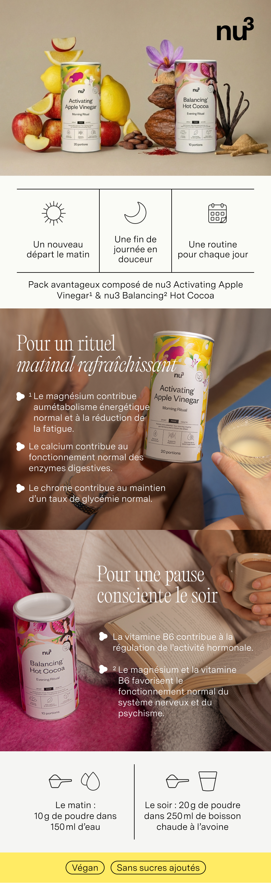 Infographie avec images de produits et informations sur nu3 Rise & Rest Drink Duo. Contient les avantages, les ingrédients et la préparation.