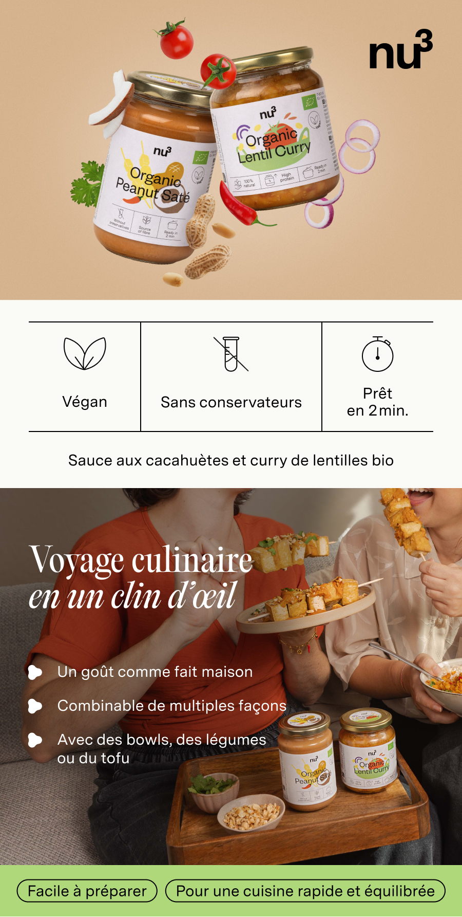 Image publicitaire avec des pots de sauce saté aux cacahuètes et curry de lentilles. Végétalien, sans conservateurs, prêt en 2 minutes. Voyage culinaire.