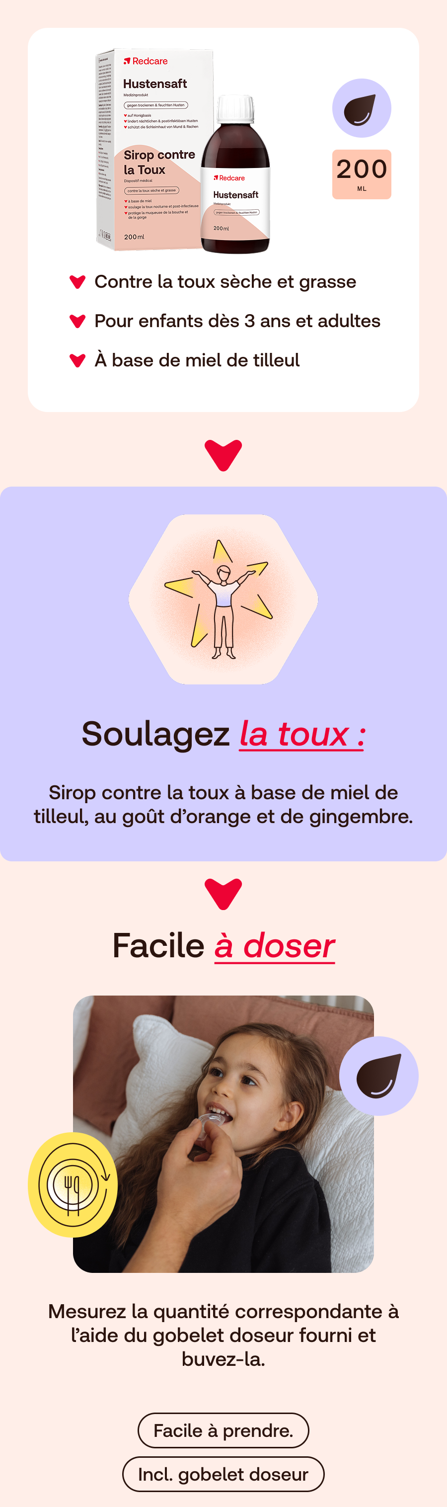 Image promotionnelle pour le sirop contre la toux. Produit, texte, illustrations et une personne.