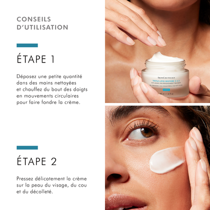 Étapes d'utilisation. Appliquer la crème en mouvements circulaires. Appliquer sur visage, cou et décolleté.