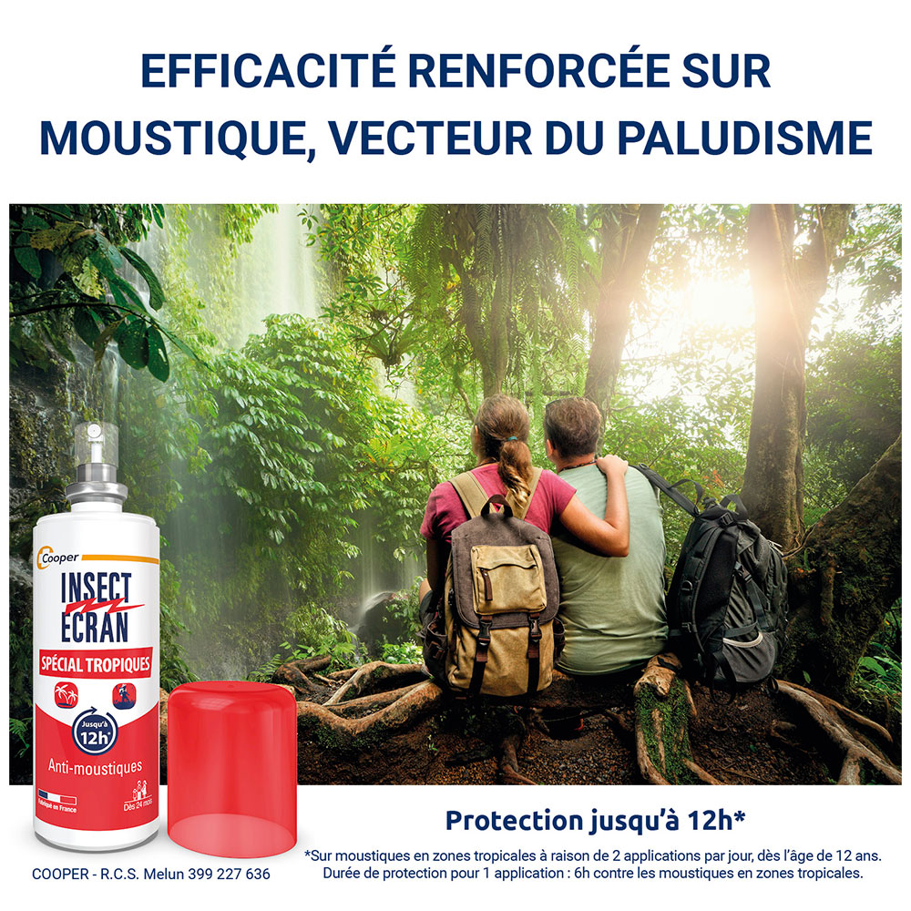 Spray anti-moustiques et bouchon rouge. Fond : paysage naturel avec personnes. Texte : « INSECT ÉCRAN ».