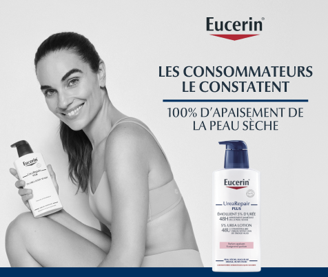 Eucerin UreaRepair PLUS Émollient 5% d'urée parfumé. Texte et illustrations.