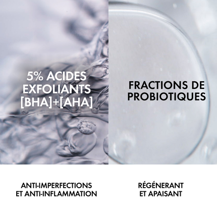 Deux zones avec texte et liquides. Texte : '5% ACIDES EXFOLIANTS [BHA]+[AHA]' et 'FRACTIONS DE PROBIOTIQUES'.