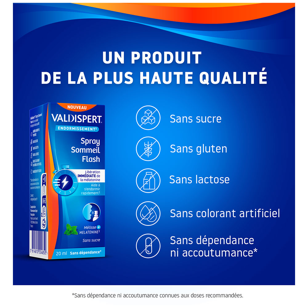 Valdispert Spray Sommeil Flash. Sans sucre, gluten, lactose, colorant.