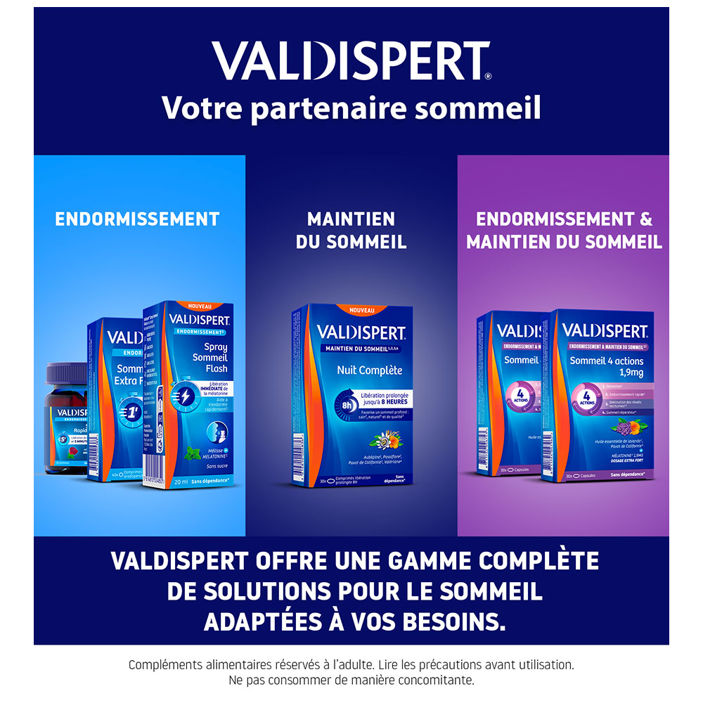 Gamme Valdispert pour le sommeil : spray, comprimés, gélules.